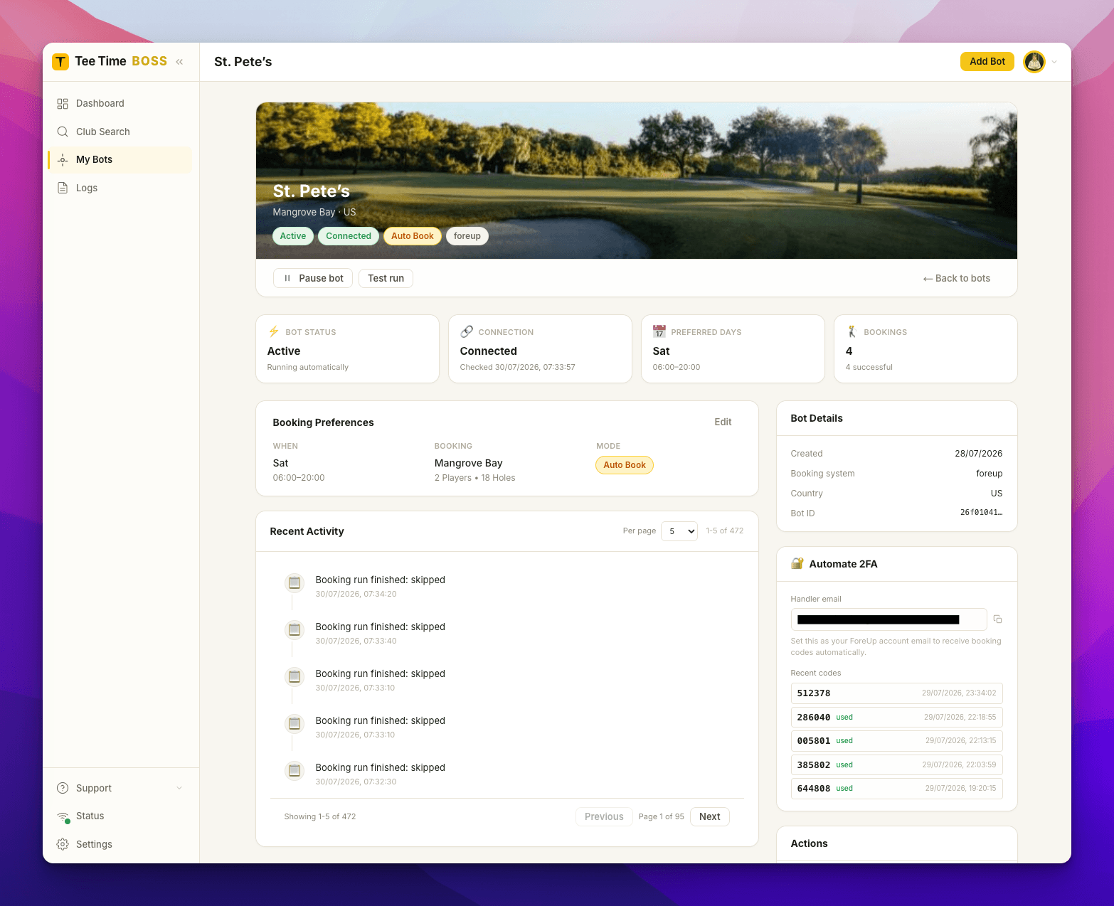 Preview of the new Tee Time Boss app showing a bot detail page with booking activity and 2FA automation